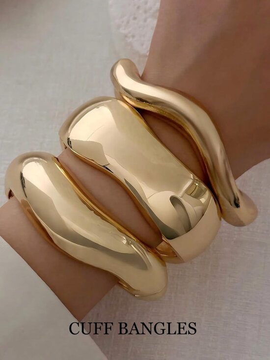 Chunky Gold Bangle Bracelets for Women, 14k Gold Plated Dainty Cuff Stackable Ba - Picture 6 of 8